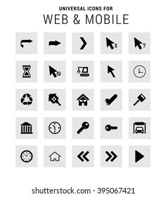 Universal Icon Set. 25 universal icons for website and app. Isolated Elements. flat, solid, mono, monochrome, plain, contemporary style. Vector illustration 