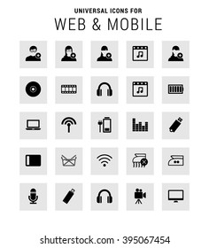 Universal Icon Set. 25 universal icons for website and app. Isolated Elements. flat, solid, mono, monochrome, plain, contemporary style. Vector illustration 