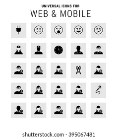 Universal Icon Set. 25 universal icons for website and app. Isolated Elements. flat, solid, mono, monochrome, plain, contemporary style. Vector illustration 