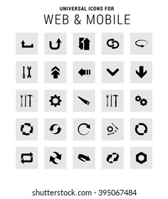 Universal Icon Set. 25 universal icons for website and app. Isolated Elements. flat, solid, mono, monochrome, plain, contemporary style. Vector illustration 