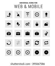 Universal Icon Set. 25 universal icons for website and app. Isolated Elements. flat, solid, mono, monochrome, plain, contemporary style. Vector illustration 