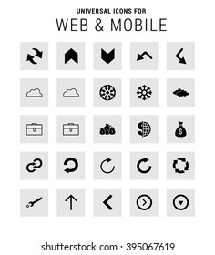 Universal Icon Set. 25 universal icons for website and app. Isolated Elements. flat, solid, mono, monochrome, plain, contemporary style. Vector illustration 