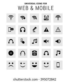 Universal Icon Set. 25 universal icons for website and app. Isolated Elements. flat, solid, mono, monochrome, plain, contemporary style. Vector illustration