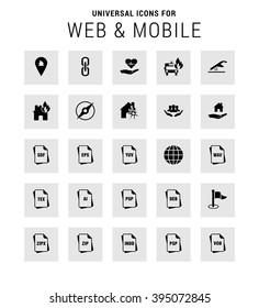 Universal Icon Set. 25 universal icons for website and app. Isolated Elements. flat, solid, mono, monochrome, plain, contemporary style. Vector illustration