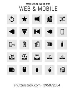 Universal Icon Set. 25 universal icons for website and app. Isolated Elements. flat, solid, mono, monochrome, plain, contemporary style. Vector illustration