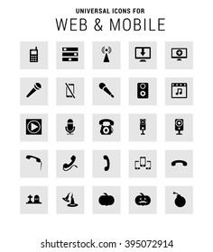 Universal Icon Set. 25 universal icons for website and app. Isolated Elements. flat, solid, mono, monochrome, plain, contemporary style. Vector illustration