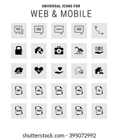 Universal Icon Set. 25 universal icons for website and app. Isolated Elements. flat, solid, mono, monochrome, plain, contemporary style. Vector illustration