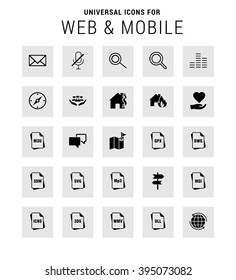 Universal Icon Set. 25 universal icons for website and app. Isolated Elements. flat, solid, mono, monochrome, plain, contemporary style. Vector illustration