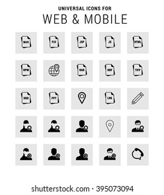 Universal Icon Set. 25 universal icons for website and app. Isolated Elements. flat, solid, mono, monochrome, plain, contemporary style. Vector illustration