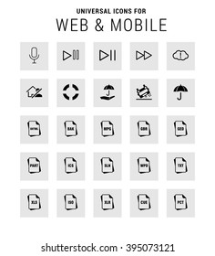 Universal Icon Set. 25 universal icons for website and app. Isolated Elements. flat, solid, mono, monochrome, plain, contemporary style. Vector illustration