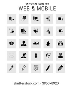 Universal Icon Set. 25 universal icons for website and app. Isolated Elements. flat, solid, mono, monochrome, plain, contemporary style. Vector illustration
