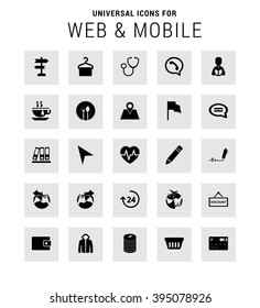 Universal Icon Set. 25 universal icons for website and app. Isolated Elements. flat, solid, mono, monochrome, plain, contemporary style. Vector illustration