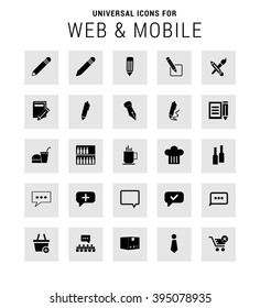 Universal Icon Set. 25 universal icons for website and app. Isolated Elements. flat, solid, mono, monochrome, plain, contemporary style. Vector illustration