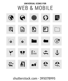 Universal Icon Set. 25 universal icons for website and app. Isolated Elements. flat, solid, mono, monochrome, plain, contemporary style. Vector illustration