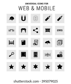 Universal Icon Set. 25 universal icons for website and app. Isolated Elements. flat, solid, mono, monochrome, plain, contemporary style. Vector illustration