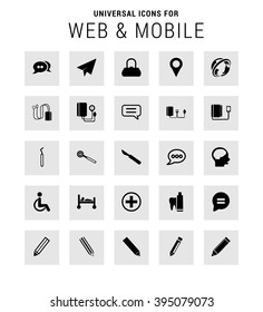 Universal Icon Set. 25 universal icons for website and app. Isolated Elements. flat, solid, mono, monochrome, plain, contemporary style. Vector illustration