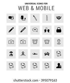 Universal Icon Set. 25 universal icons for website and app. Isolated Elements. flat, solid, mono, monochrome, plain, contemporary style. Vector illustration