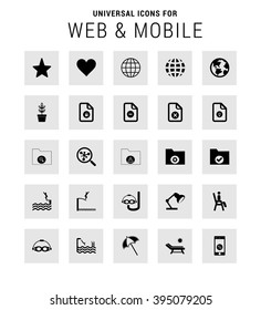 Universal Icon Set. 25 universal icons for website and app. Isolated Elements. flat, solid, mono, monochrome, plain, contemporary style. Vector illustration
