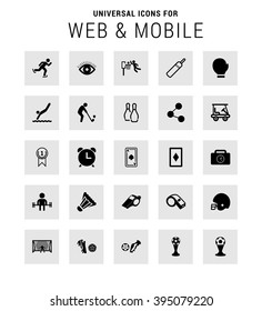 Universal Icon Set. 25 universal icons for website and app. Isolated Elements. flat, solid, mono, monochrome, plain, contemporary style. Vector illustration