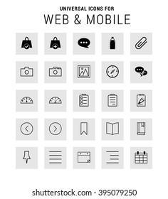 Universal Icon Set. 25 universal icons for website and app. Isolated Elements. flat, solid, mono, monochrome, plain, contemporary style. Vector illustration