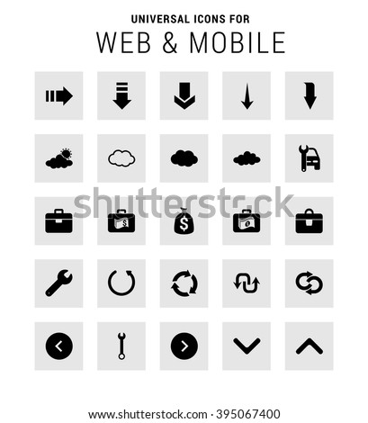 Universal Icon Set. 25 universal icons for website and app. Isolated Elements. flat, solid, mono, monochrome, plain, contemporary style. Vector illustration 