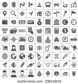 Universal Icon Set. 81 Icons. Transport, Business, Financial, Research And Social Icons. Simplus Series