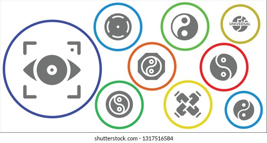 universal icon set. 9 filled universal icons.  Collection Of - Focus, Yin yang, United, Universal