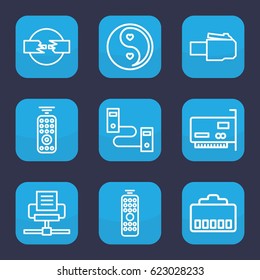 Universal icon. set of 9 outline universal icons such as yin yang, remote control, phone cable, phone connection cable