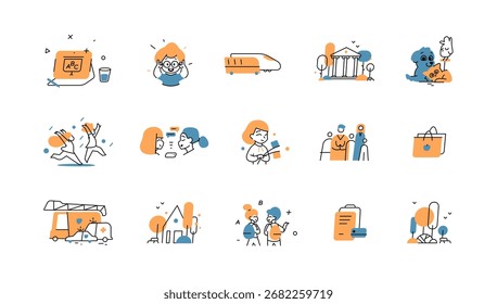 Conjunto de iconos universales para la vida cotidiana y la comunidad. Incluye escuela, niños, parques, servicios de emergencia, mascotas, casas, transporte, documentos, cultura, salud y comunicación en estilo Vector.