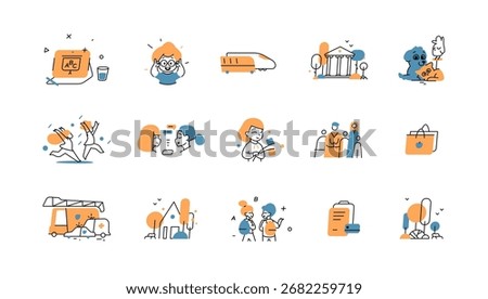 Universal icon set for everyday life and community. Includes school, children, parks, emergency services, pets, houses, transport, documents, culture, health, and communication in vector style.