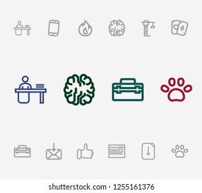 Universal icon set and fire with pet, game card and email. Paw related universal icon vector for web UI logo design.