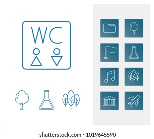 Universal icon set and toilet with tree, forest and data. Test-tube related universal icon vector items for web UI logo design.