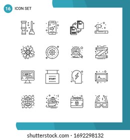 Universal Icon Symbols Group of 16 Modern Outlines of atom; smoke; sharing; pollution; copying Editable Vector Design Elements