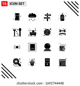 Universal Icon Symbols Group of 16 Modern Solid Glyphs of fork; lotion bottle; athletics; lotion; baby lotion Editable Vector Design Elements