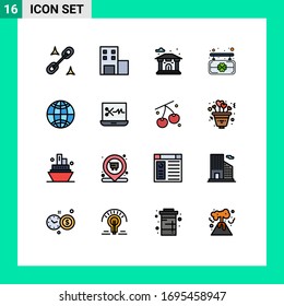 Universal Icon Symbols Group Of 16 Modern Flat Color Filled Lines Of Digital Audio Editor; Audio Editing; Bank; World; Global Editable Creative Vector Design Elements