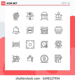Universal Icon Symbols Group of 16 Modern Outlines of bell; health; bank; fashion; beauty Editable Vector Design Elements