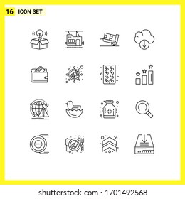 Universal Icon Symbols Group of 16 Modern Outlines of dollar; cash; handcart; wallet; data Editable Vector Design Elements