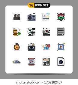 Universal Icon Symbols Group of 16 Modern Flat Color Filled Lines of coin; gift; computer; love; bouquet Editable Creative Vector Design Elements