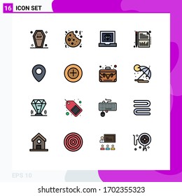 Universal Icon Symbols Group of 16 Modern Flat Color Filled Lines of location; report; sweet; financial; programming Editable Creative Vector Design Elements