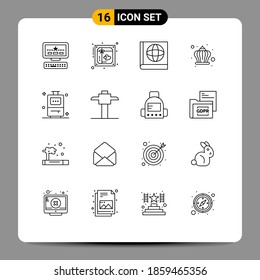 Universal Icon Symbols Group of 16 Modern Outlines of miner; travel; map; bag; king Editable Vector Design Elements