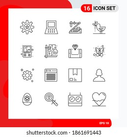 Universal Icon Symbols Group of 16 Modern Outlines of pacifism; friendship; biology; dove; research Editable Vector Design Elements