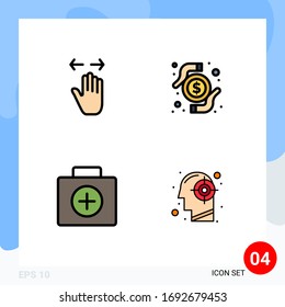 Universal Icon Symbols Group of 4 Modern Filledline Flat Colors of hand; briefcase; right; money; medical Editable Vector Design Elements