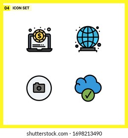 Universal Icon Symbols Group of 4 Modern Filledline Flat Colors of dollar; ui; global; camera; complete Editable Vector Design Elements