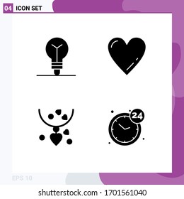 Universal Icon Symbols Group of 4 Modern Solid Glyphs of bulb; mother; heart; necklets; hours Editable Vector Design Elements