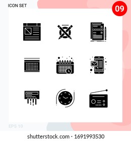 Grupo de símbolos de icono universal de 9 glifos sólidos modernos de calendario; fecha; componente; vecindad; elementos de diseño de vectores editables del sistema