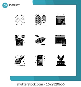 Universal Icon Symbols Group of 9 Modern Solid Glyphs of space; rotation; alert; farming; barn Editable Vector Design Elements