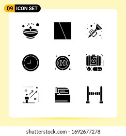 Universal Icon Symbols Group of 9 Modern Solid Glyphs of hospital; clinic; layout; time; music Editable Vector Design Elements
