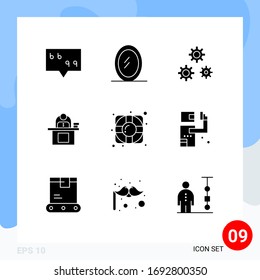 Universal Icon Symbols Group of 9 Modern Solid Glyphs of lifesaver; user; service; personal; laptop Editable Vector Design Elements