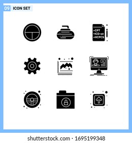 Universal Icon Symbols Group of 9 Modern Solid Glyphs of growth; diagram; health; wheel; gear Editable Vector Design Elements