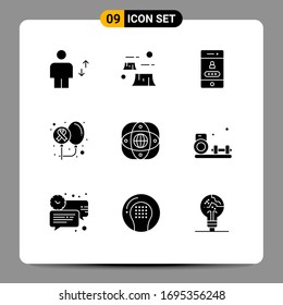 Universal Icon Symbols Group of 9 Modern Solid Glyphs of health; cancer; destruction; balloons; password Editable Vector Design Elements